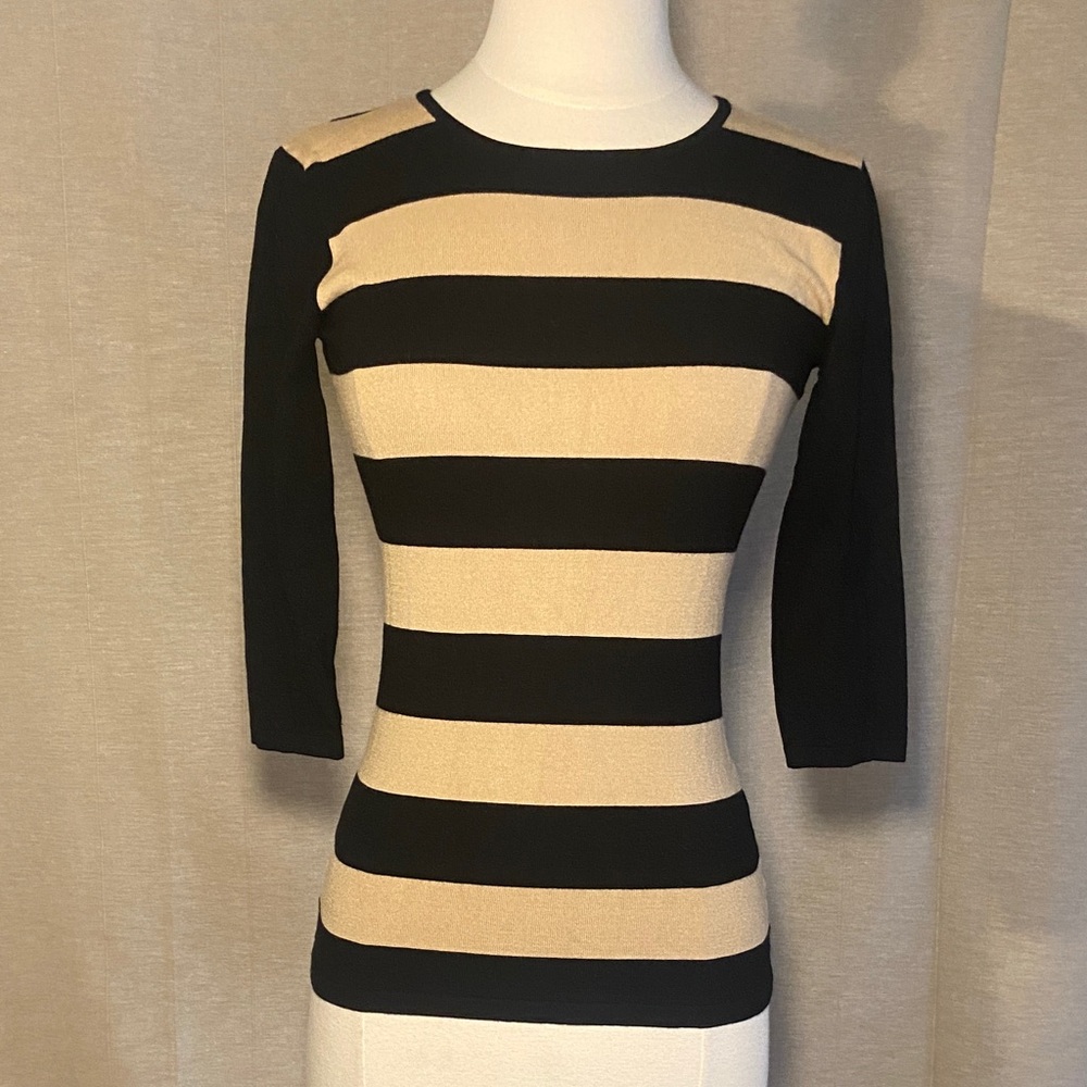 INTERMIX Black & Tan Striped Knit Sweater 3/4 Solid Black Sleeve Back Zip NWT